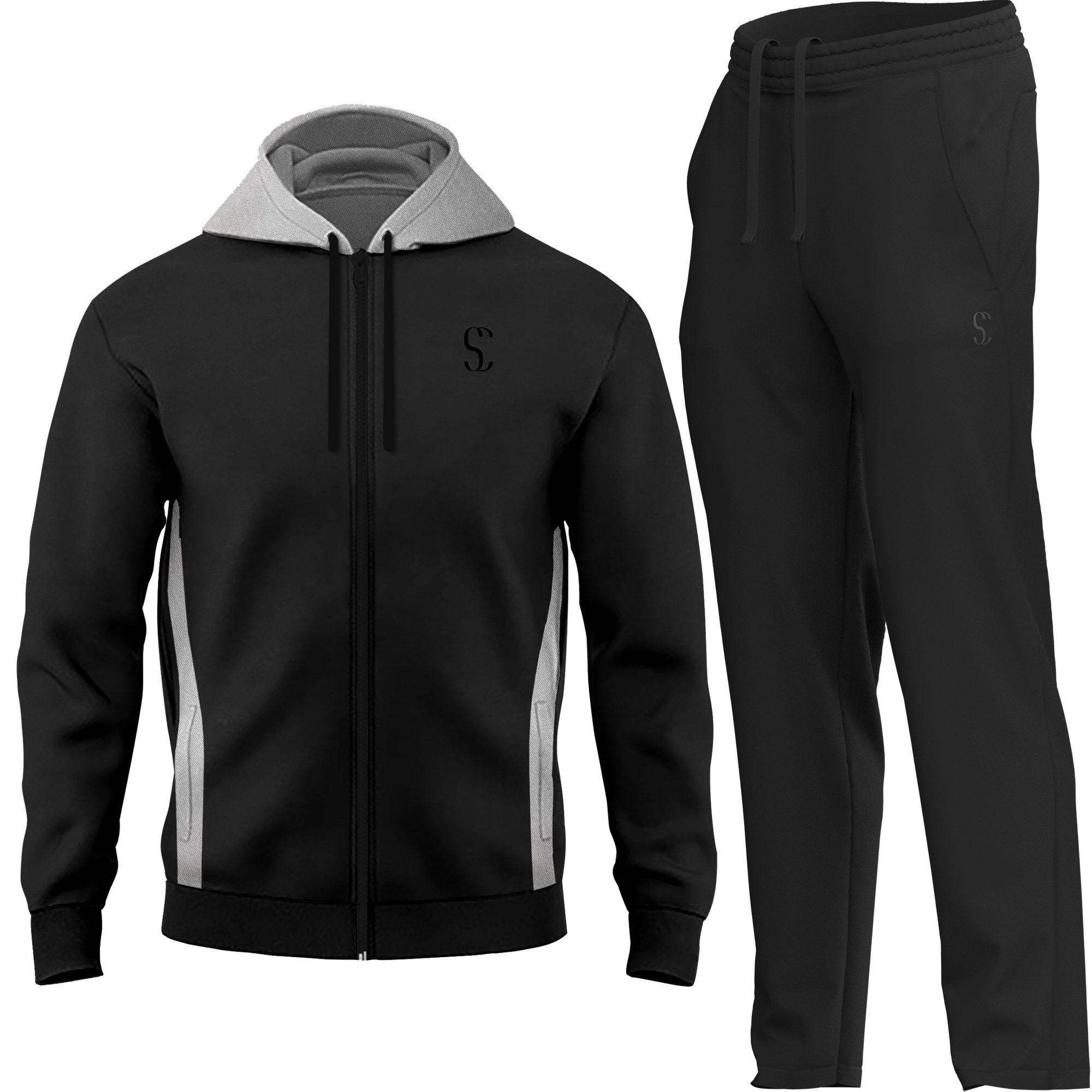 Mens Black Tracksuit Zip Up Fleece Hoodie And Joggers