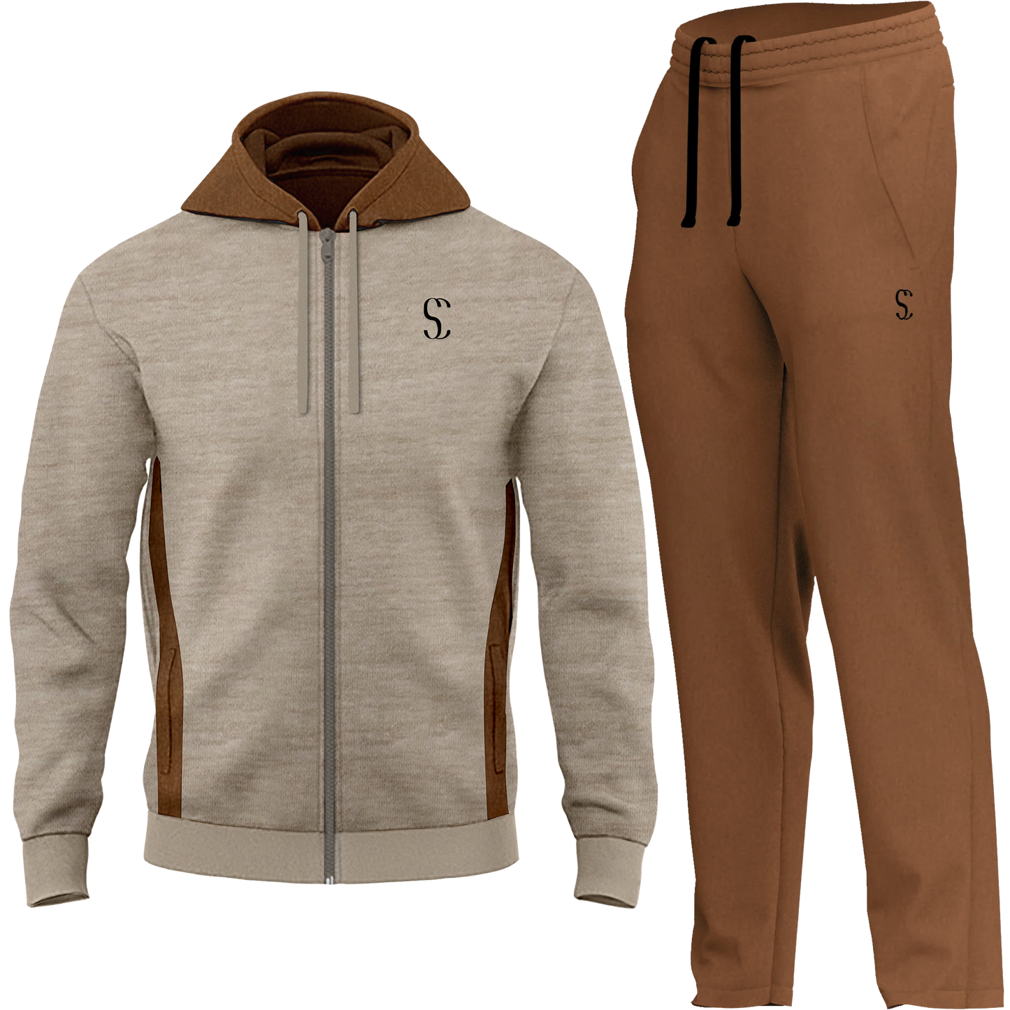 Men's Brown Tracksuit Fleece Hooded Zip up Sweatshirt & Joggers