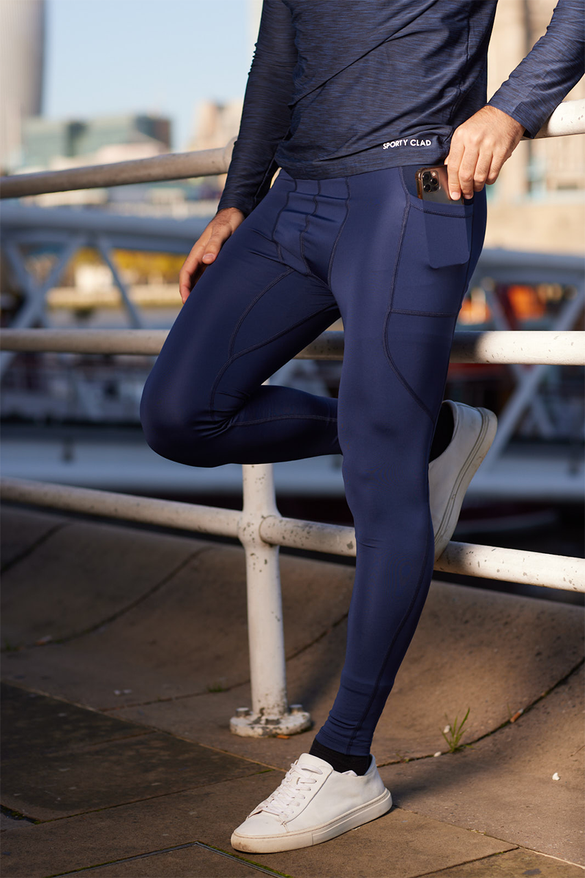 Men's Blue Thermal Compression Baselayer Running Yoga Workout Leggings
