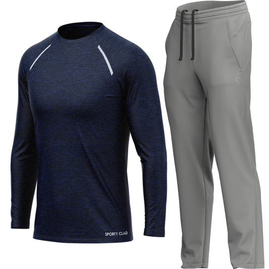 Men's Navy Blue Long Sleeve T Shirt & Light Grey Joggers Set