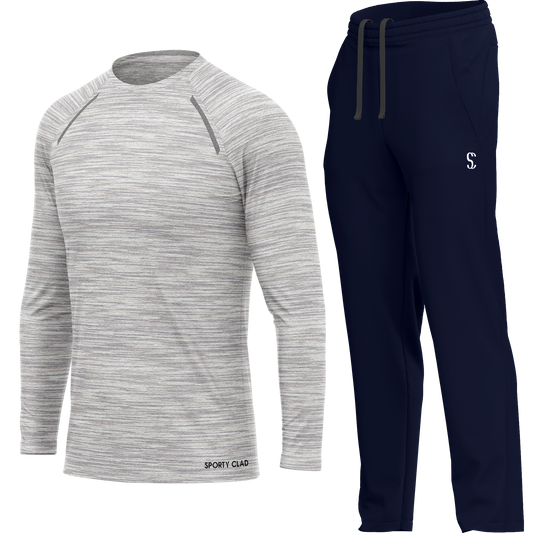 Men's White Long Sleeve T Shirt & Navy Blue Joggers Set Polyester for Running, Workouts & Casual Wear Sporty Clad