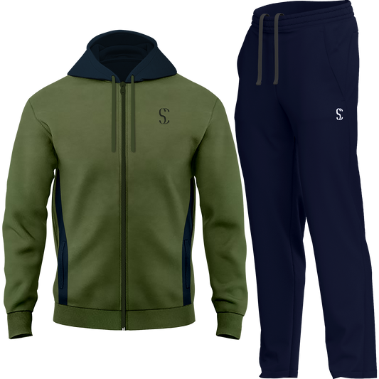 Men's Tracksuit Green Zip up Fleece Hoodie & Navy Blue Joggers