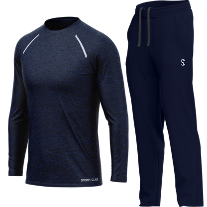 Men's Navy Blue Long Sleeve T Shirt & Joggers Set Polyester for Casual Wear, Running, Workouts Sporty Clad 