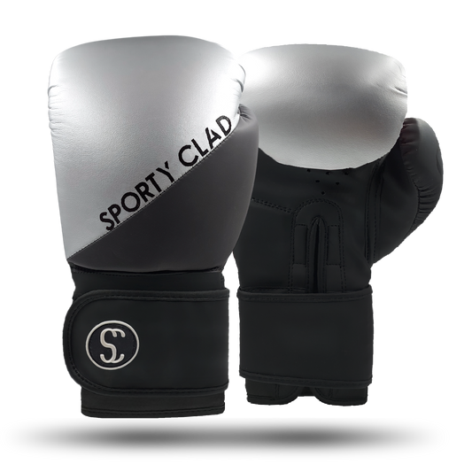 Sporty Clad Split Silver Black Boxing Gloves for Training & Sparring