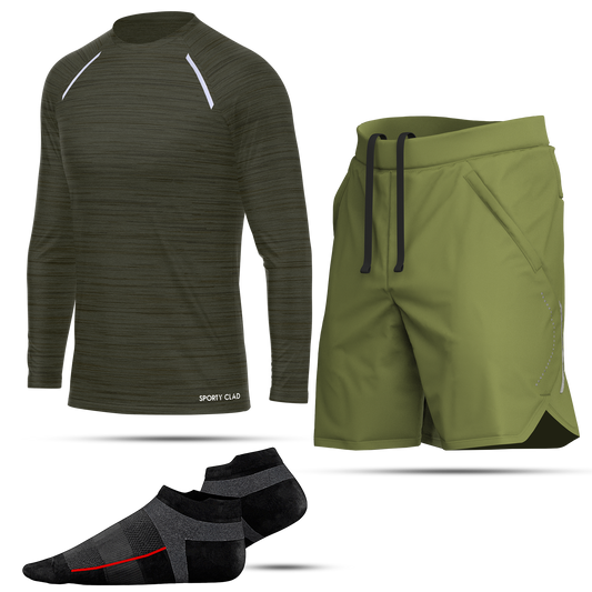 Men's Green Long Sleeve T-Shirt, Sports Shorts & Socks Set